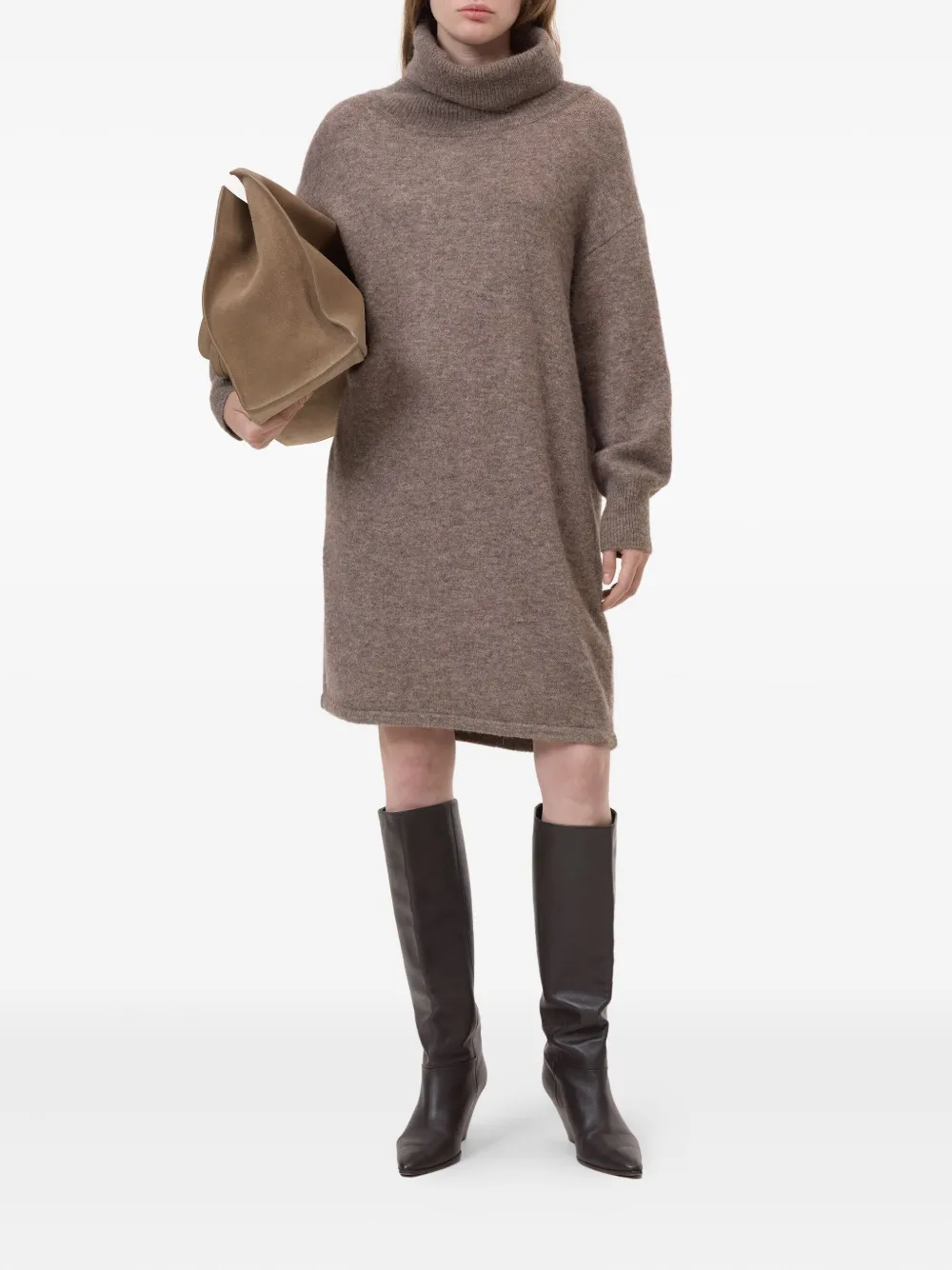 Closed Midi-jurk met col en lange mouwen - Bruin