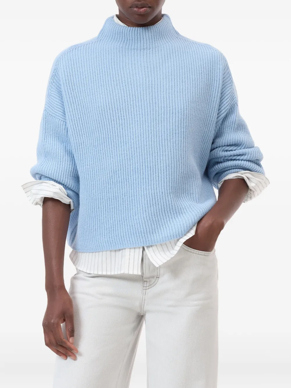 Closed funnel-neck ribbed jumper Blauw