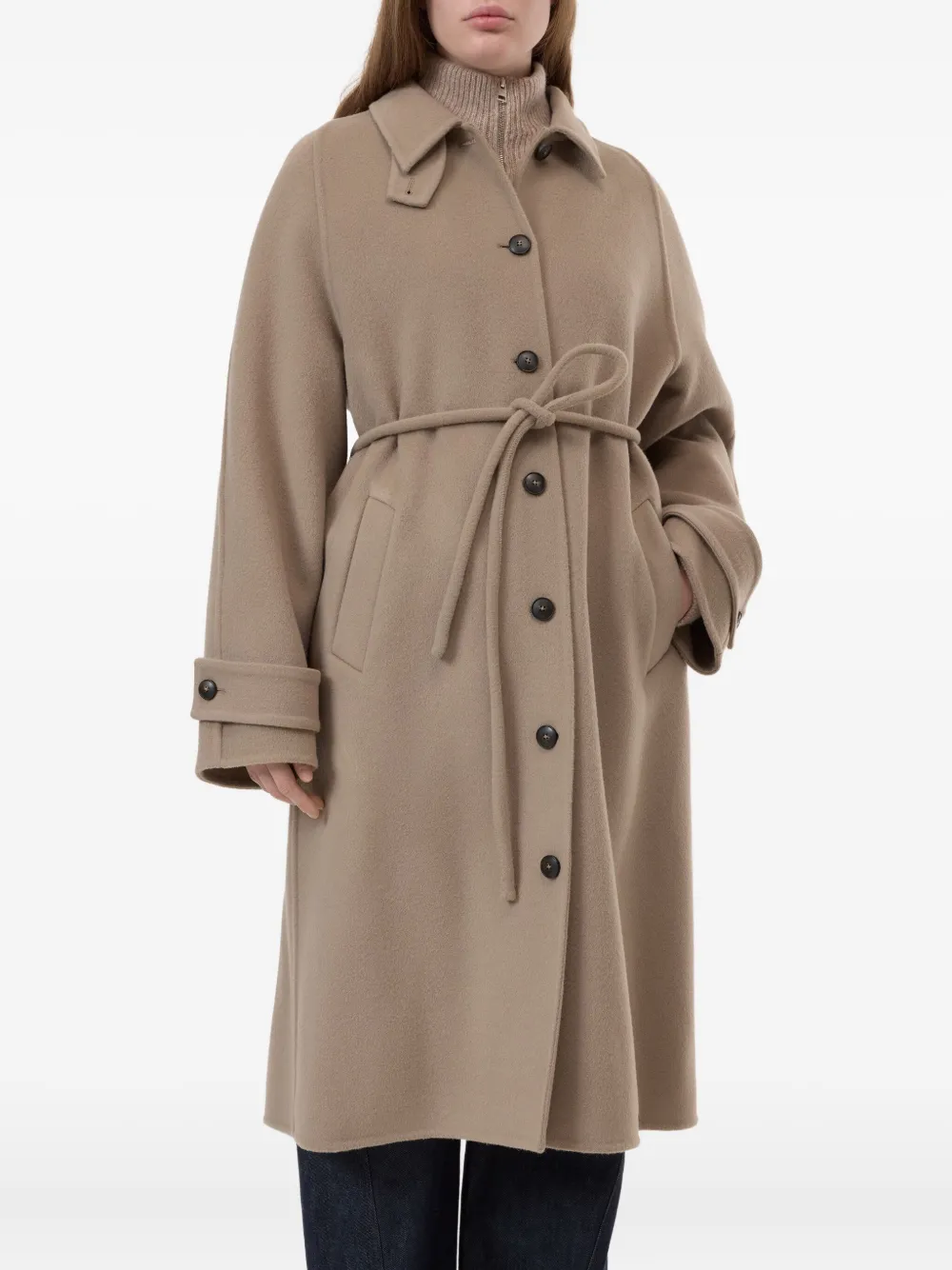 Closed Wool Belted Coat In Brown