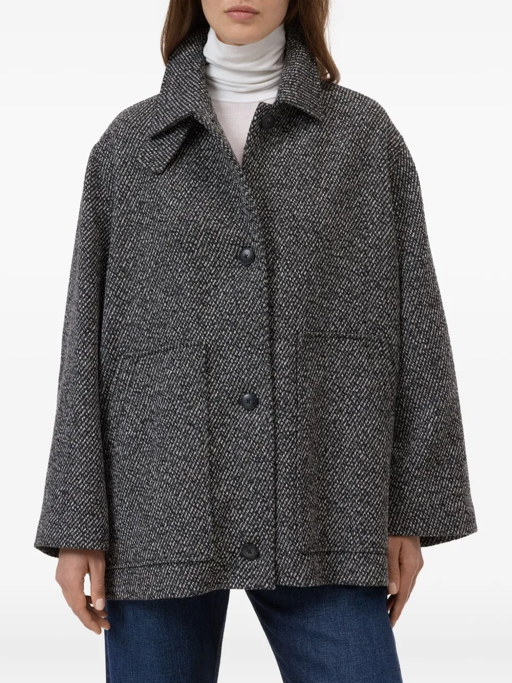 Closed Herringbone-pattern Button Coat In Blue