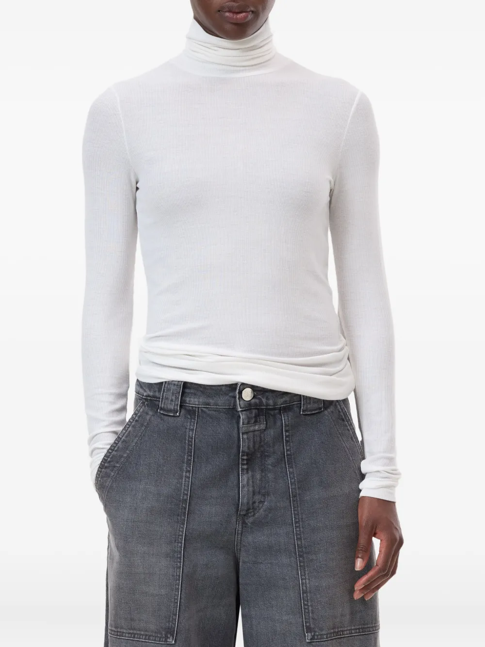 Closed Geribbeld T-shirt met hoge hals en lange mouwen Wit