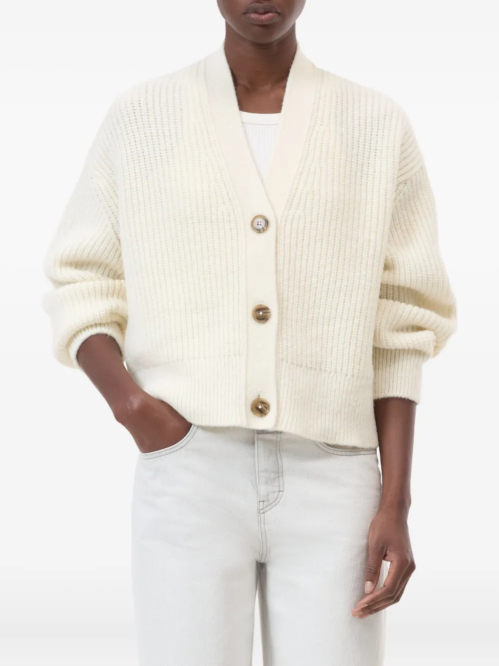 Closed V-neck ribbed cardigan Wit