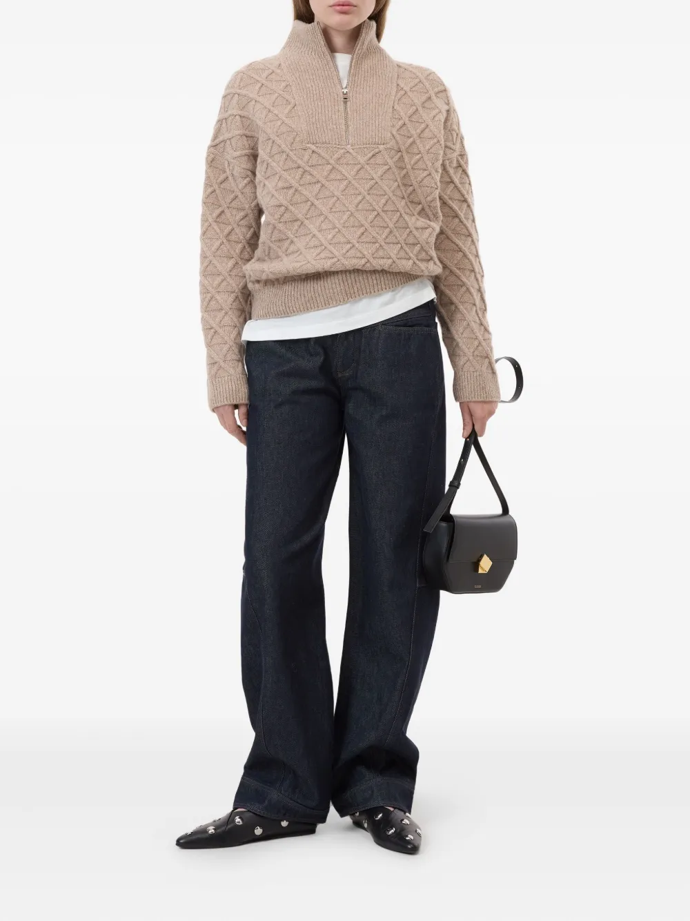 Closed Troyer Diamond-patterned Half-zip Sweater In Neutral