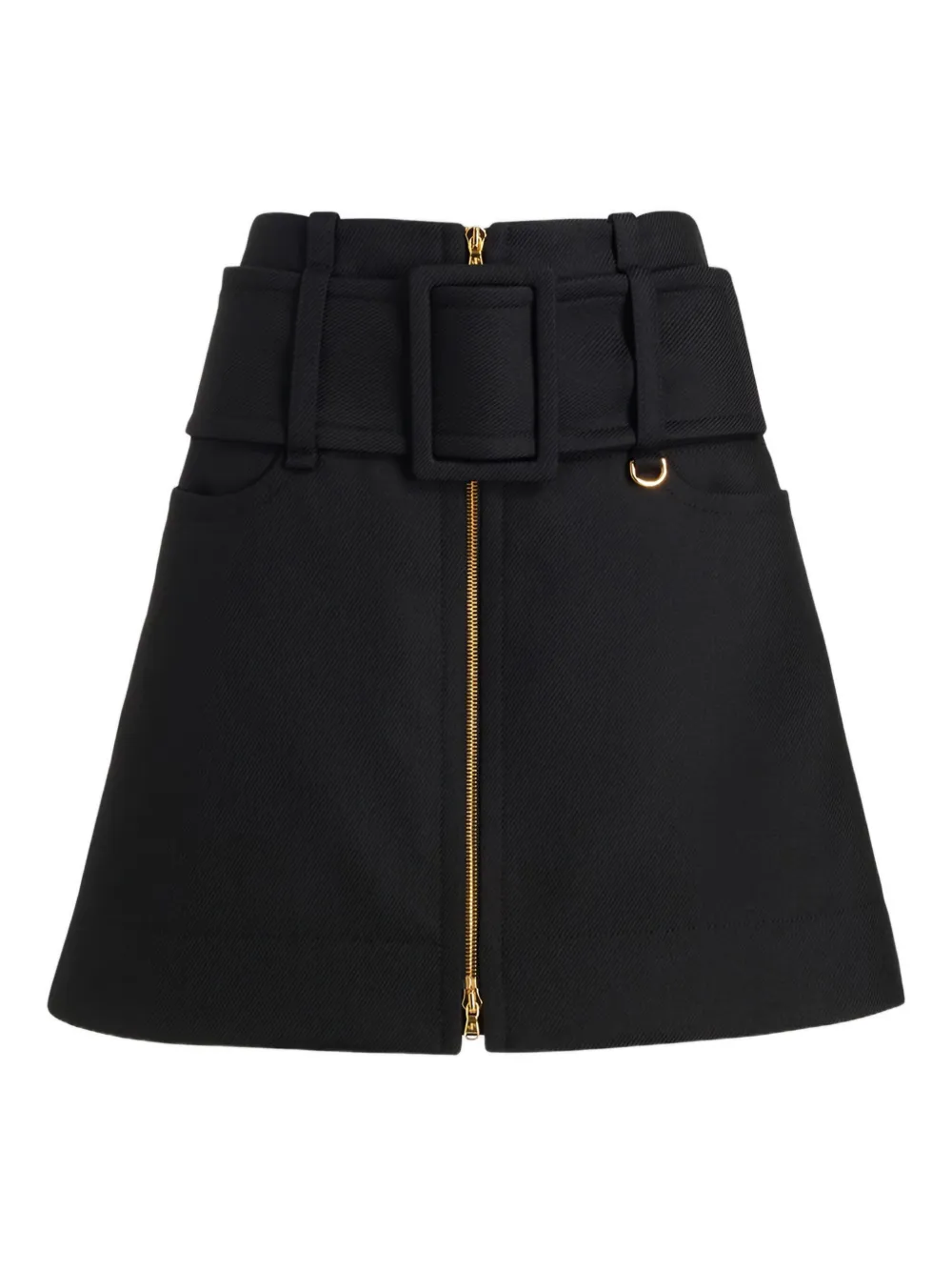 belted zip-front mini skirt