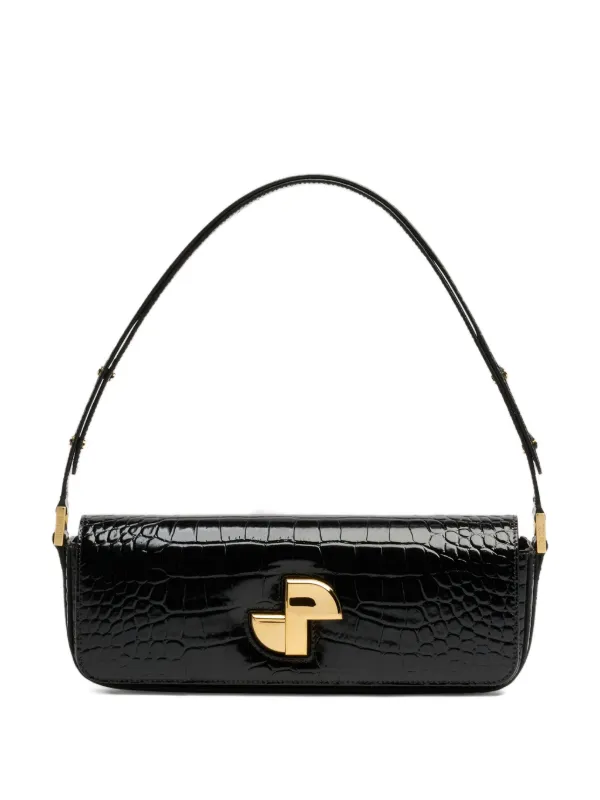 Patou Le Lock Crocodile-embossed Shoulder Bag in Black