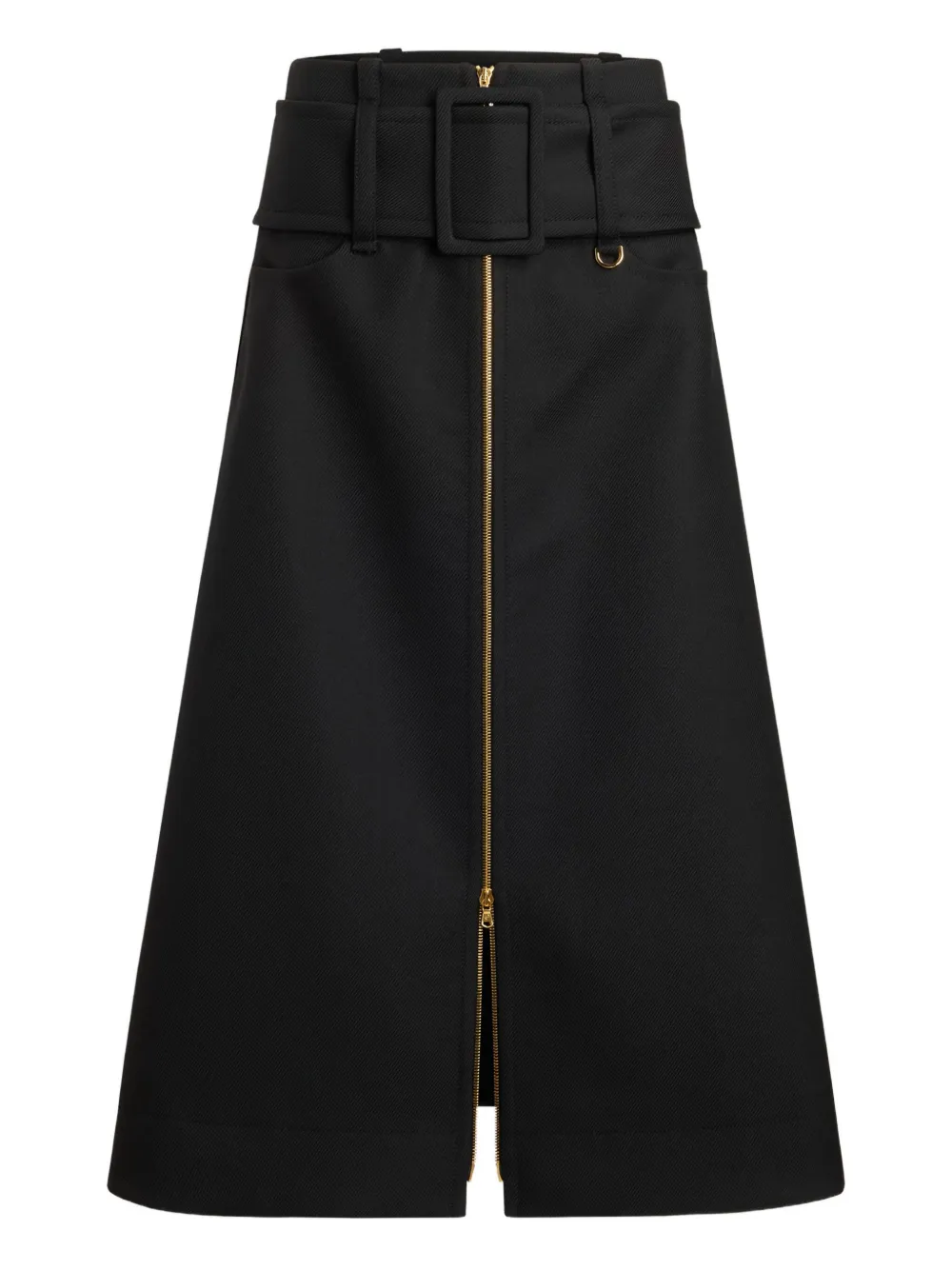 zip-front belted midi skirt