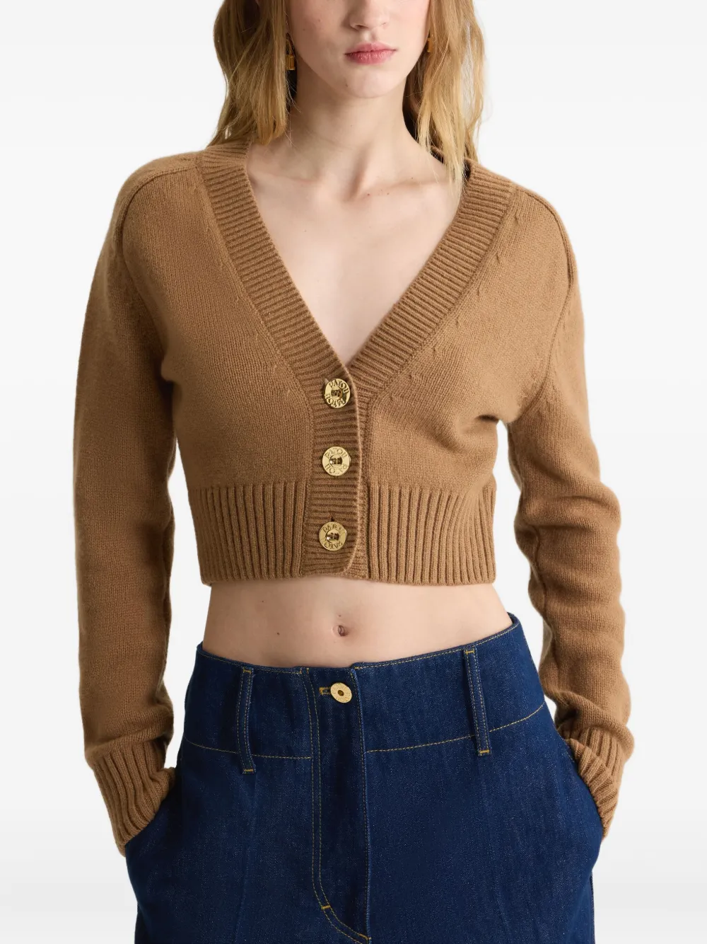 Patou button-embellished elbow-patch cardigan Bruin