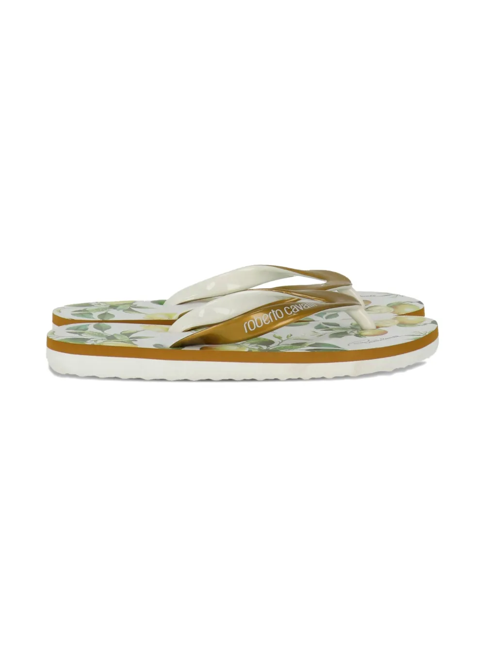 Roberto Cavalli Junior printed logo flip-flops Gold