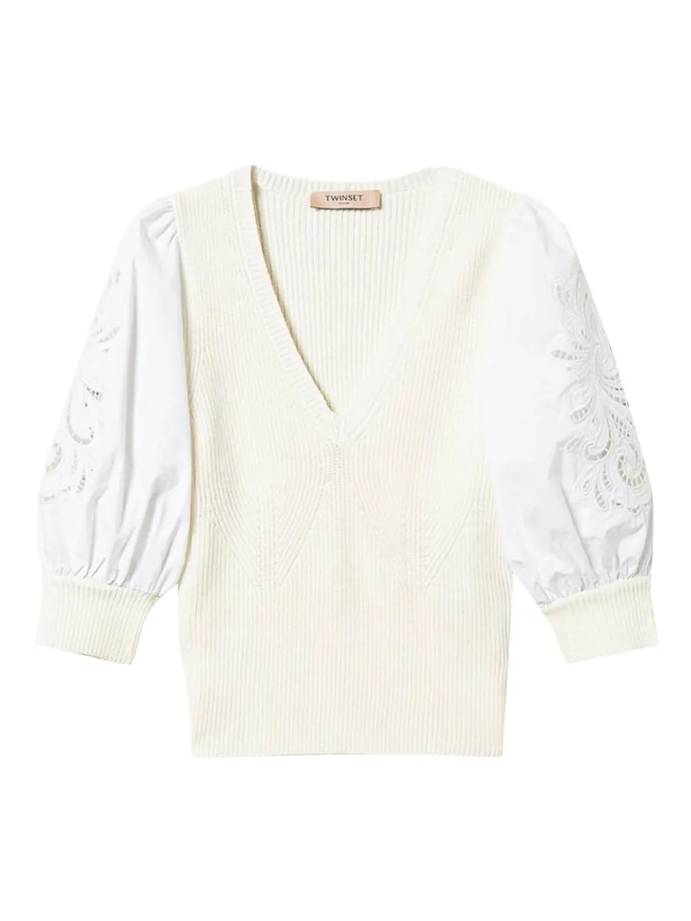 Twinset Puff-sleeve Broderie-anglaise Jumper In Neutral