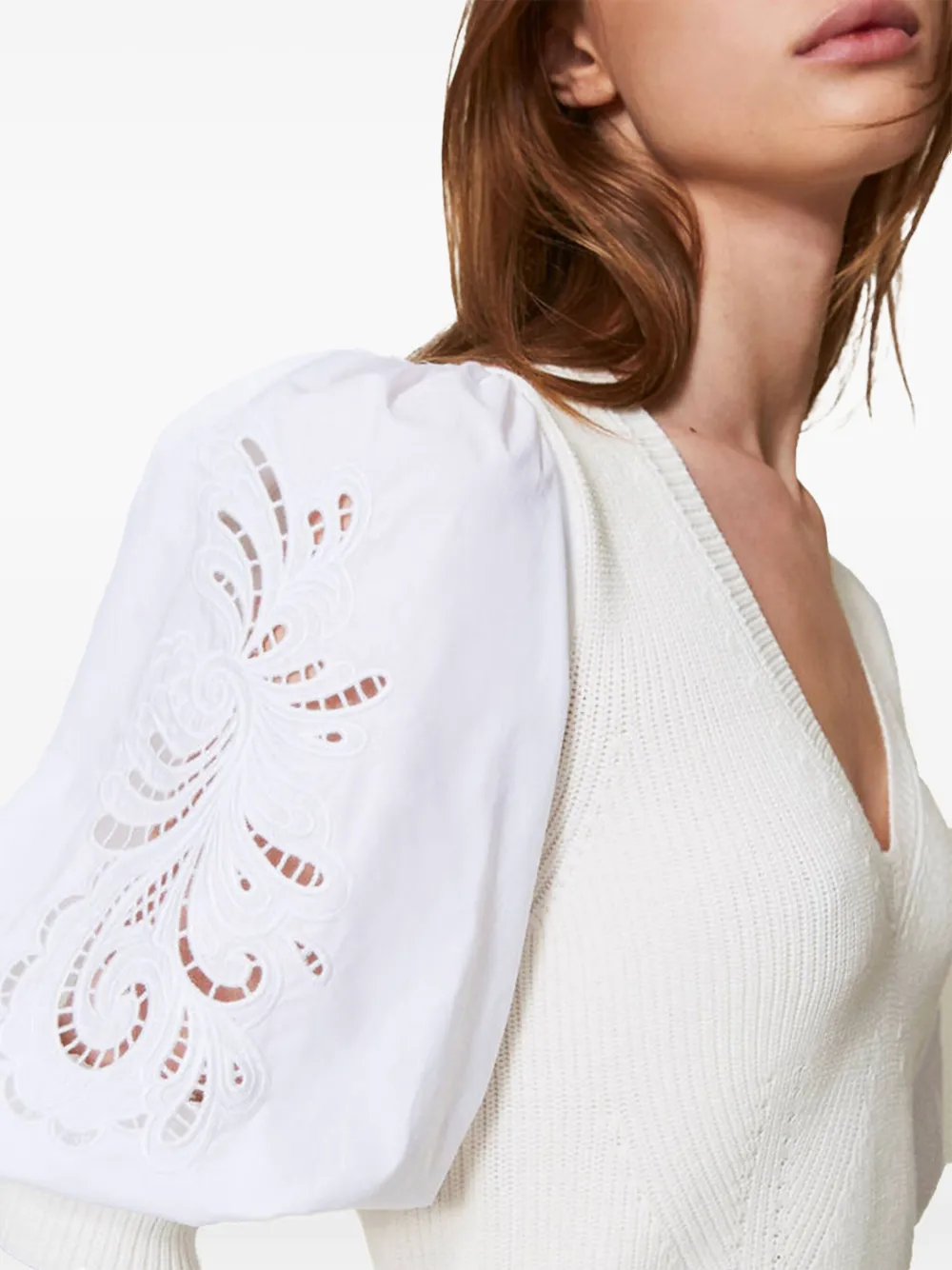 Twinset Puff-sleeve Broderie-anglaise Jumper In Neutral