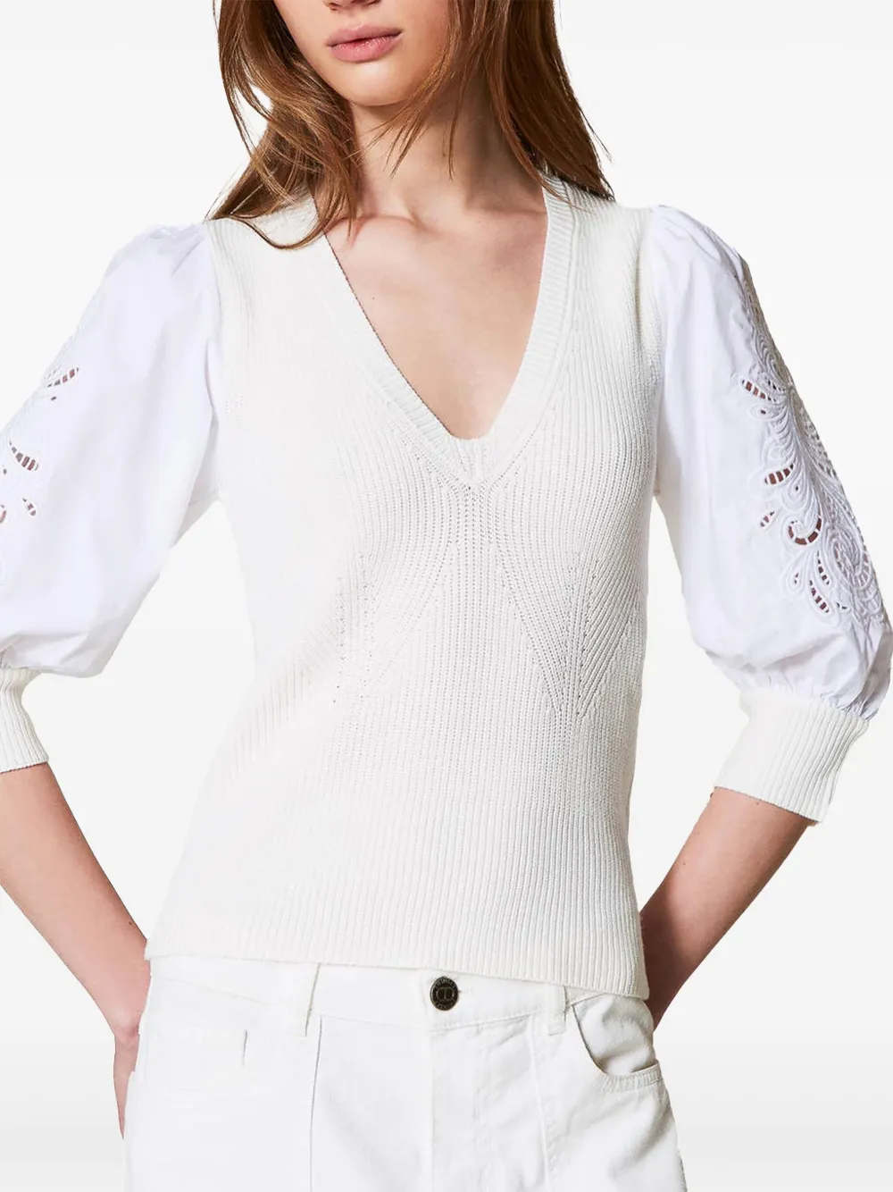 Twinset Puff-sleeve Broderie-anglaise Jumper In Neutral