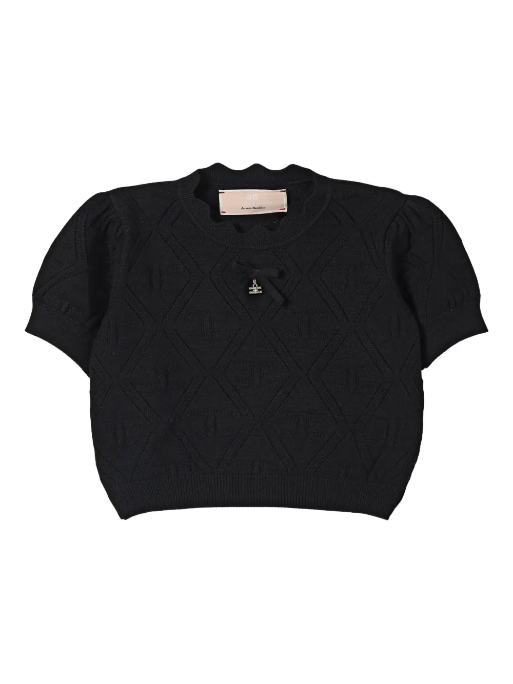 Elisabetta Franchi Kids puff-sleeved diamond-pattern knitwear top Zwart