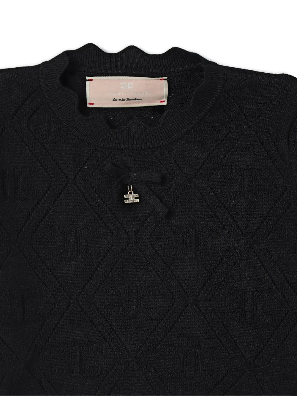 Elisabetta Franchi Kids puff-sleeved diamond-pattern knitwear top Zwart