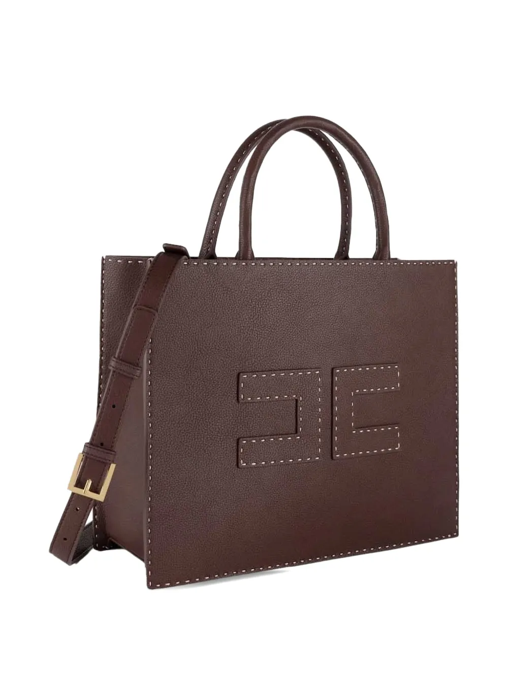 Elisabetta Franchi Shopper met logopatch en stiksel Bruin