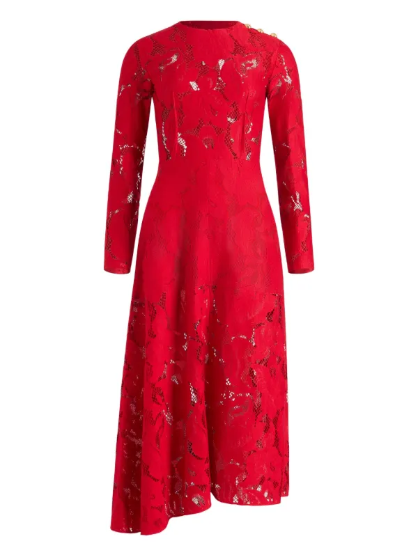 Patou Floral-lace Asymmetric Dress in Red