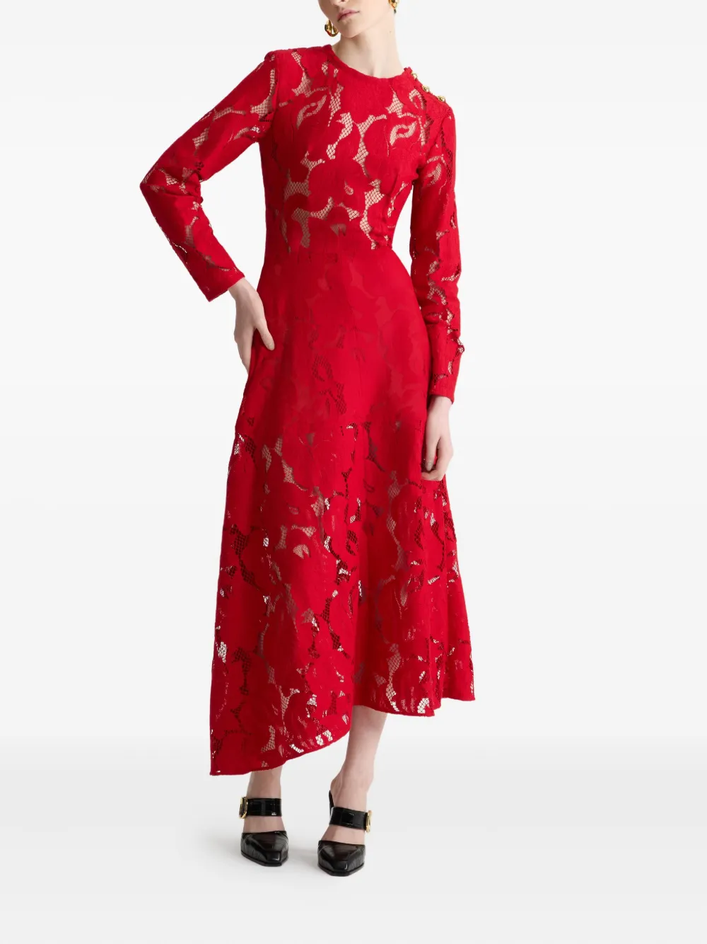 Patou Asymmetrische jurk met bloemenkant - Rood