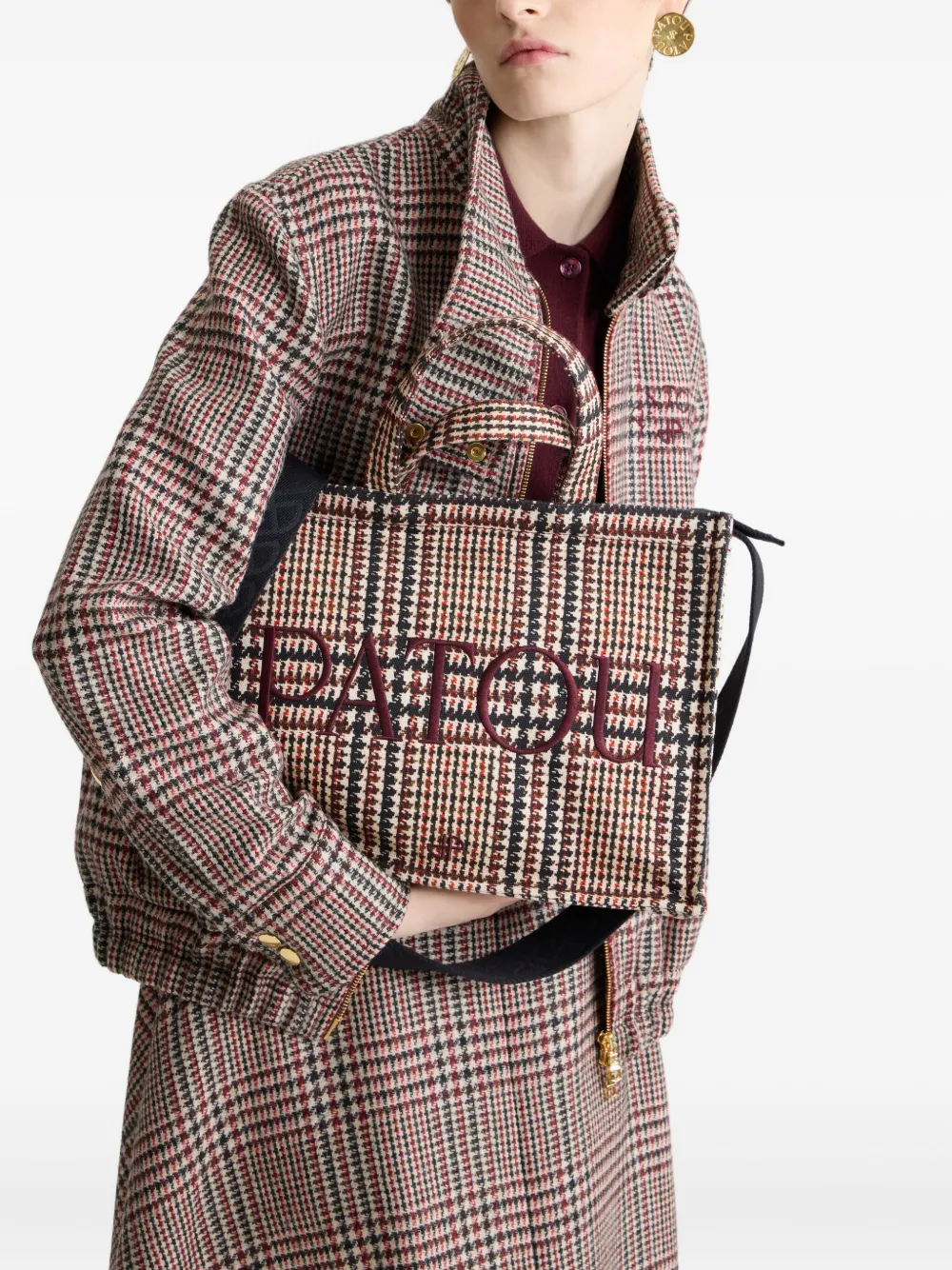 Patou Geruite shopper met geborduurd logo Bruin