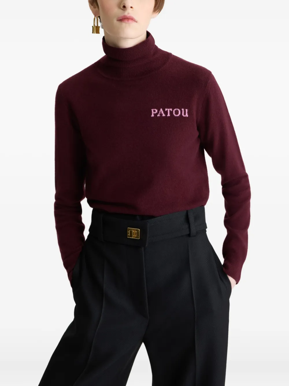 Patou Intarsia Turtleneck Jumper In Burgundy