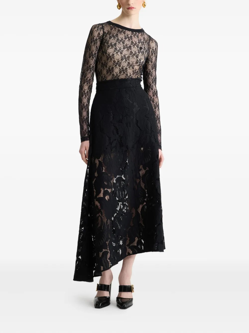 Patou Asymmetrische midi-rok met kant - Zwart