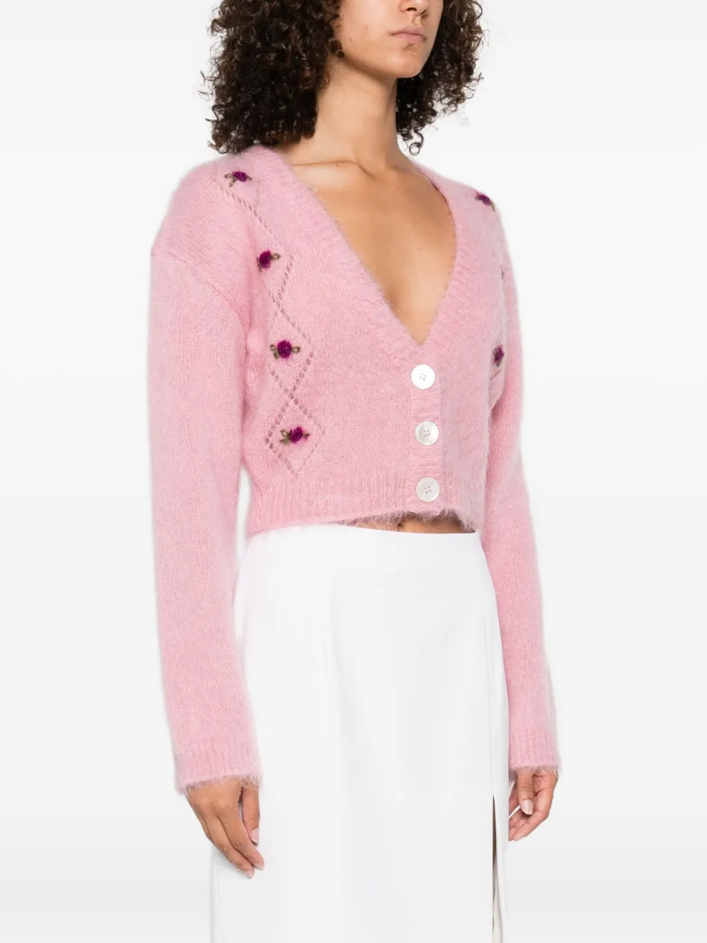 Alessandra Rich rose-embroidered button cardigan Roze