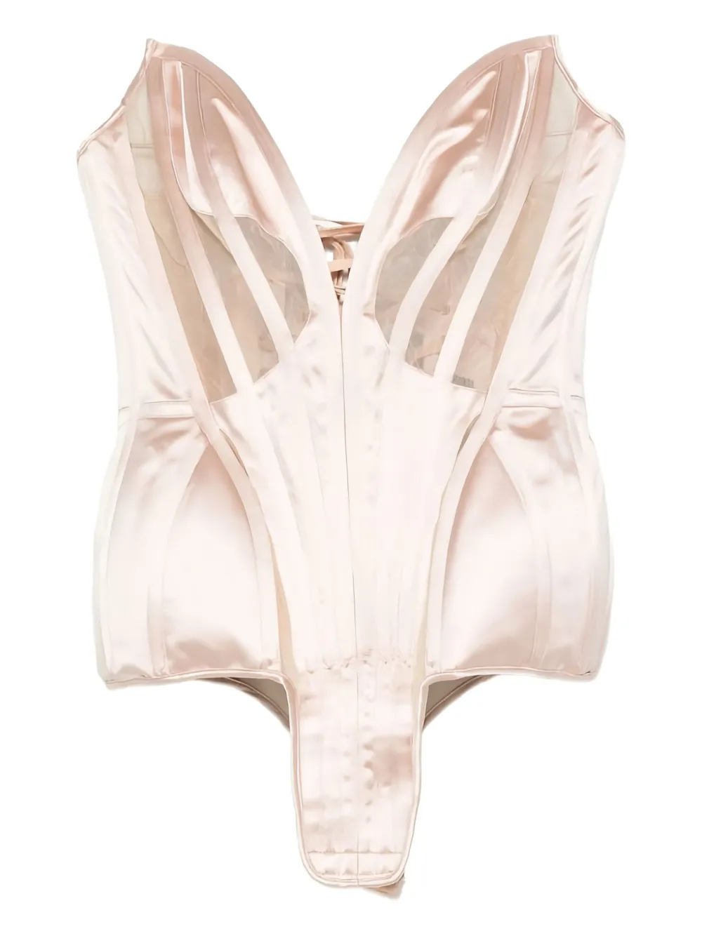 satin-paneled mesh corset bodysuit