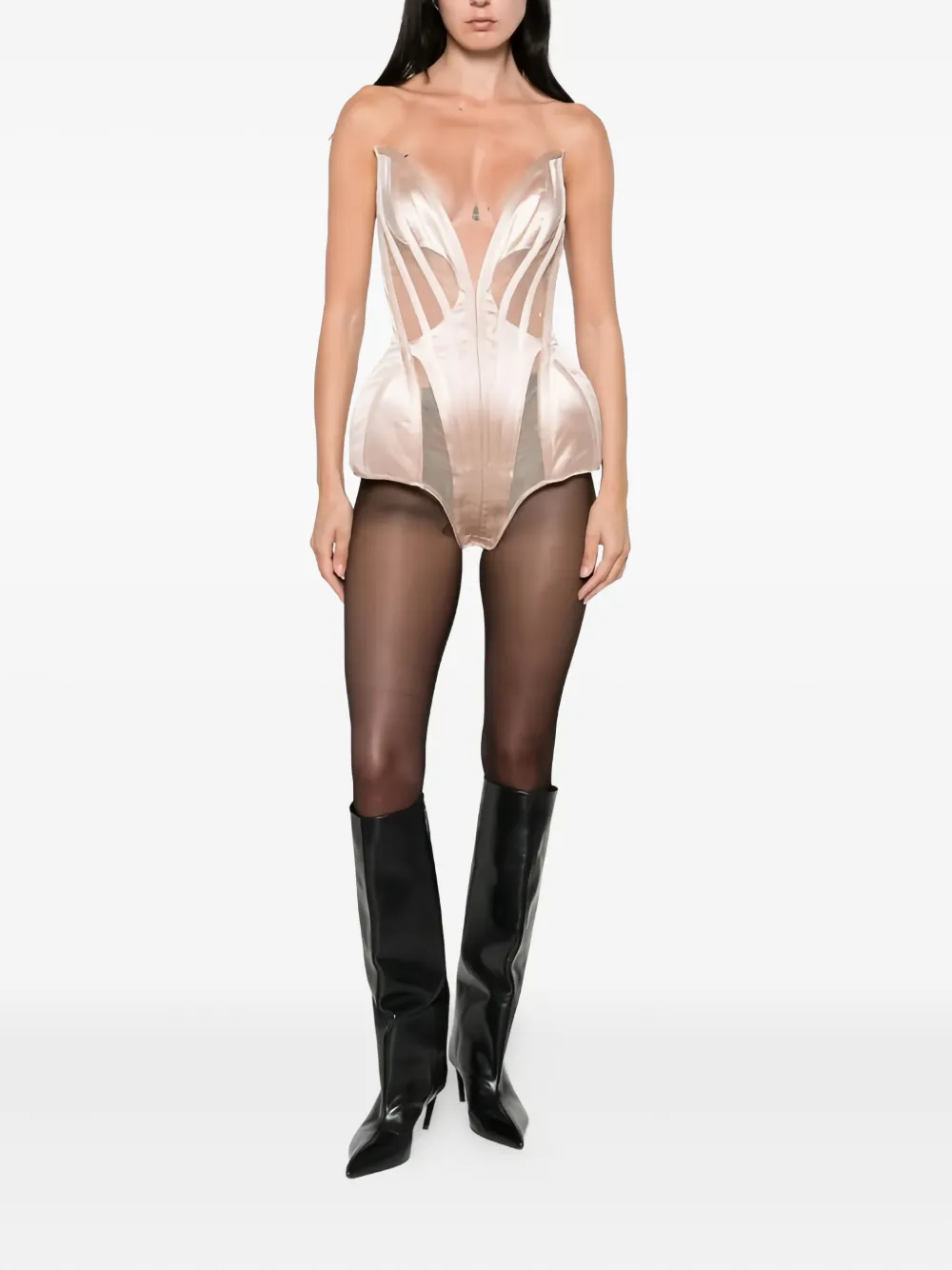 Mugler Mesh body met satijnen vlakken - Beige