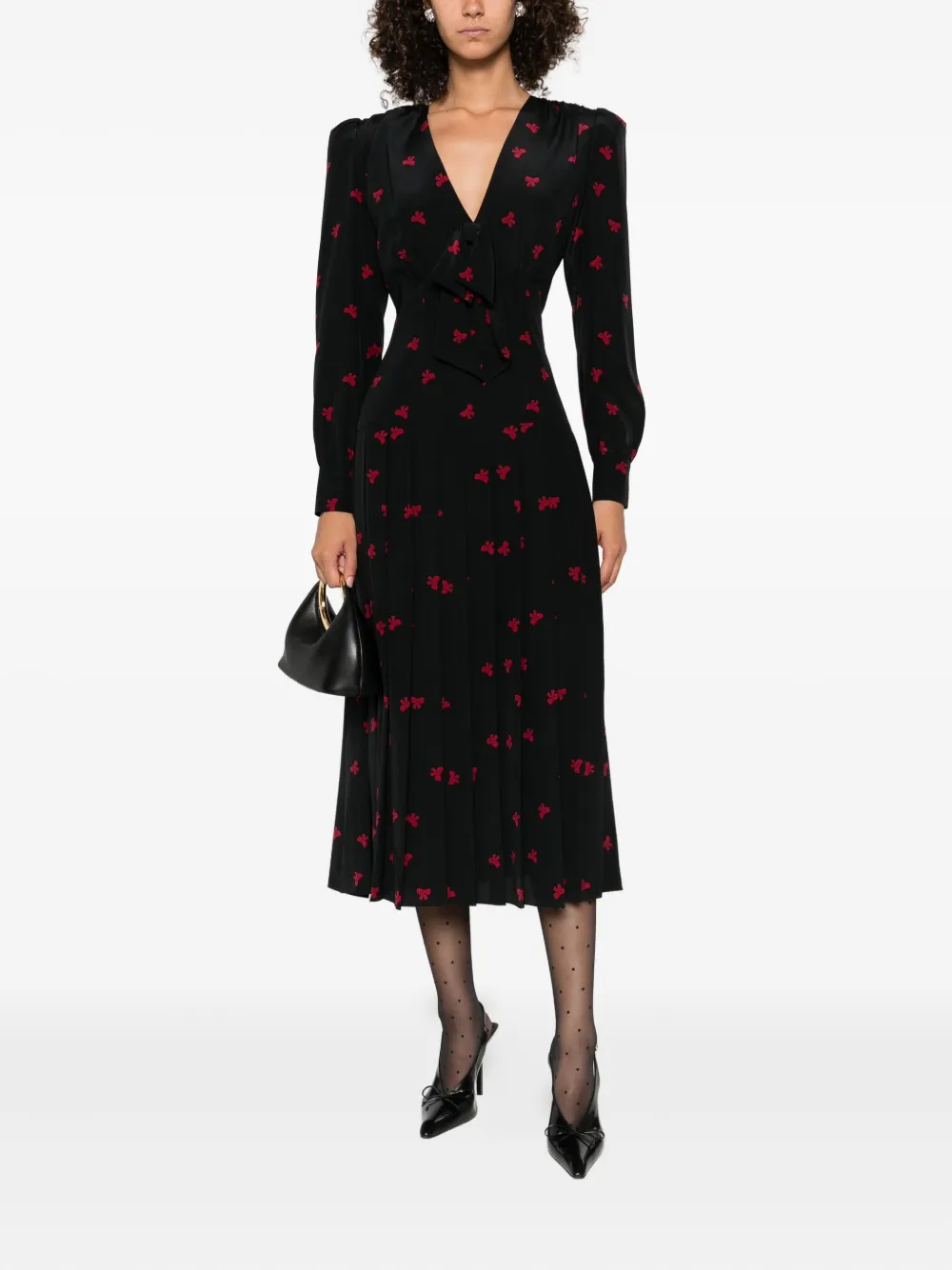 Alessandra Rich pleated bow-print dress Zwart