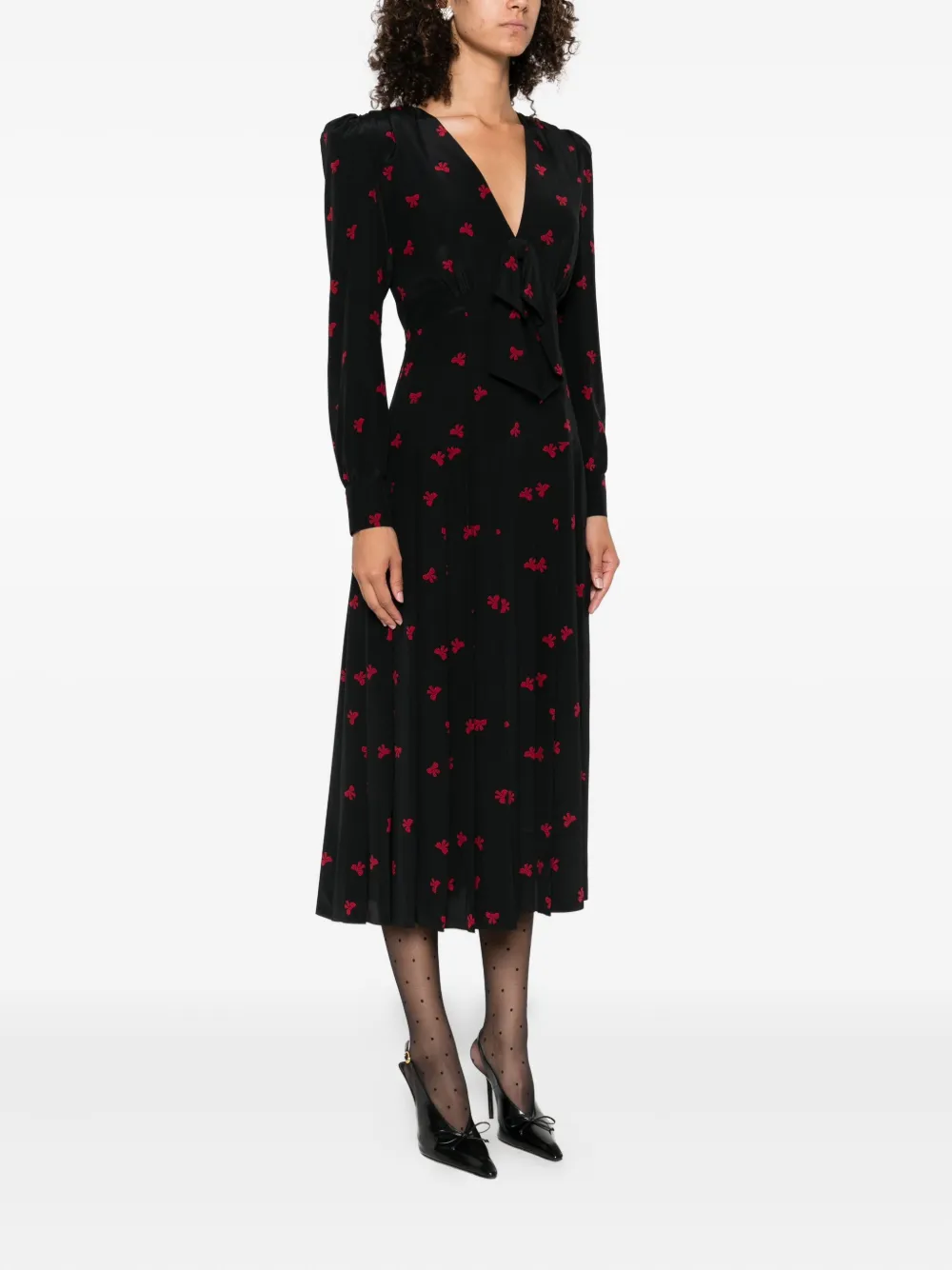 Alessandra Rich pleated bow-print dress Zwart