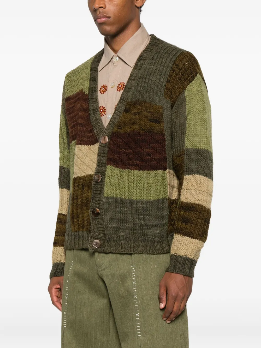 Kartik Research Patchwork Button Cardigan In Green