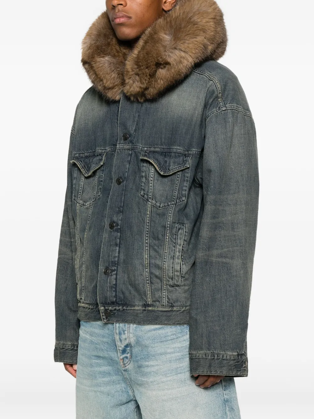 Balenciaga Faux Fur-collar Denim Jacket In Blue