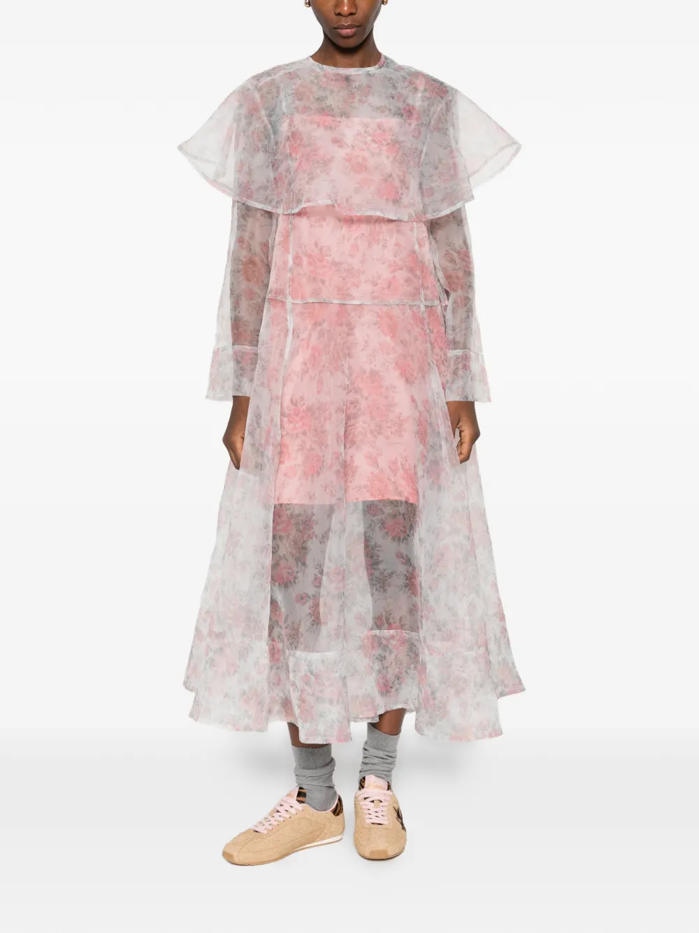 GANNI ruffled floral midi dress - Wit