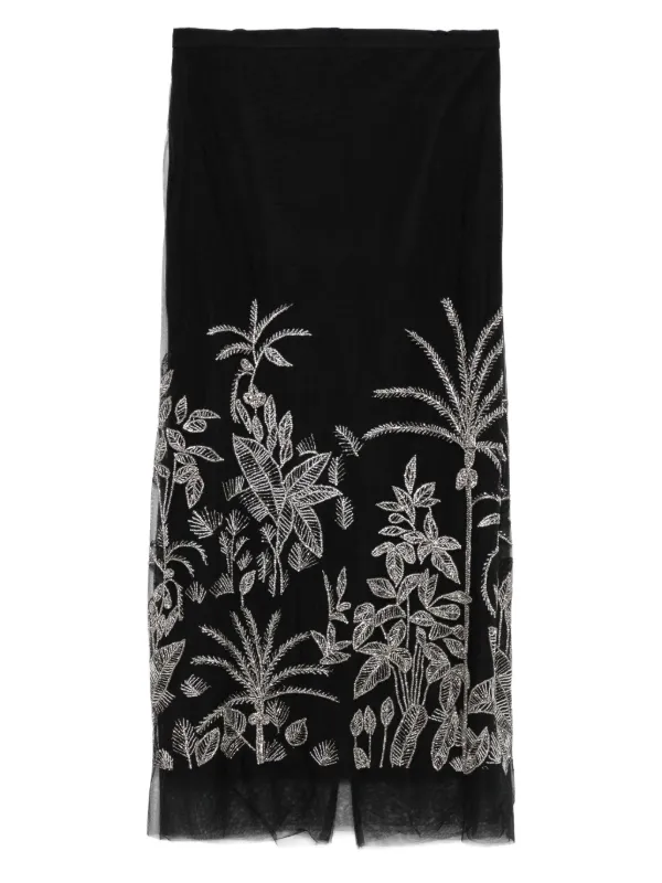 Costarellos Beaded Floral Midi Skirt in Black