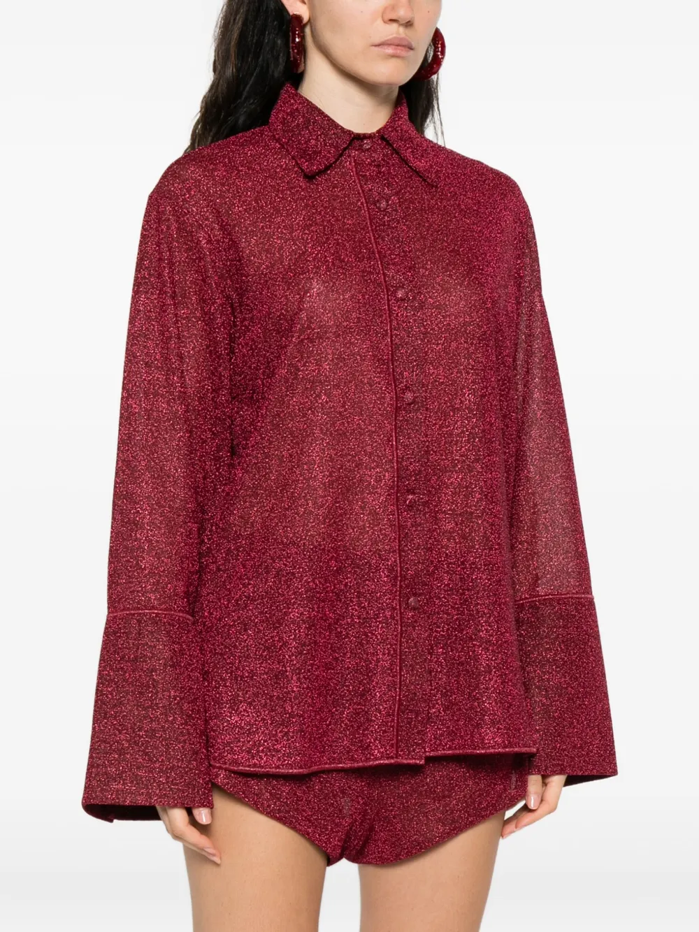 Oséree glitter-embellished bell-sleeve shirt Rood