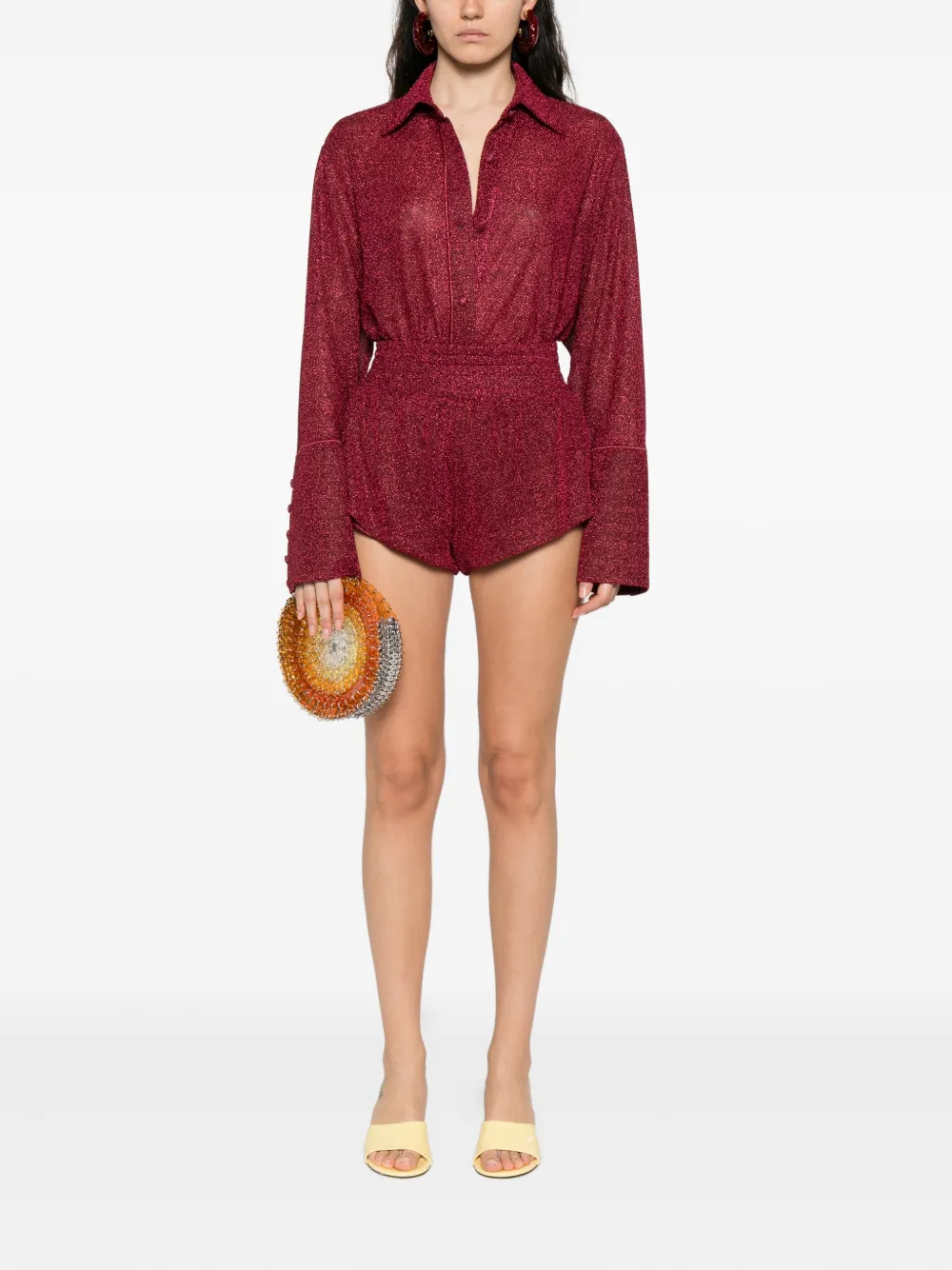 Oséree glitter-embellished bell-sleeve shirt Rood