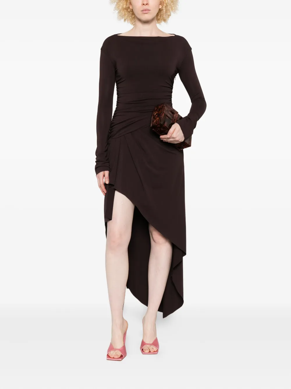 Amen draped long-sleeve asymmetric dress - Bruin