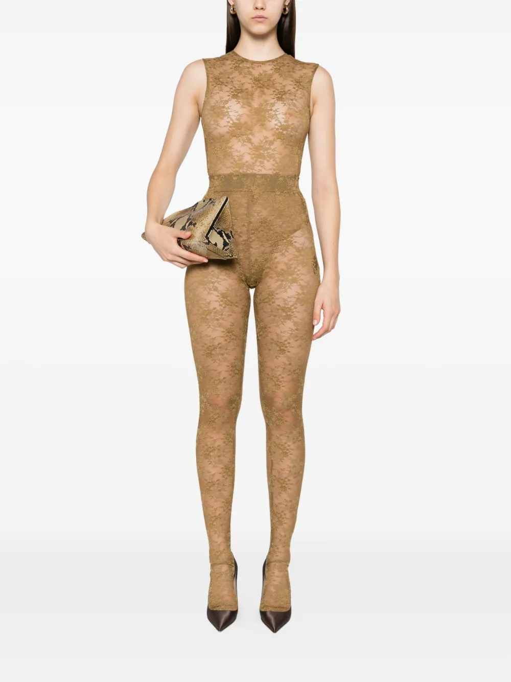 Alex Perry Sleeveless Lace Bodysuit In Brown