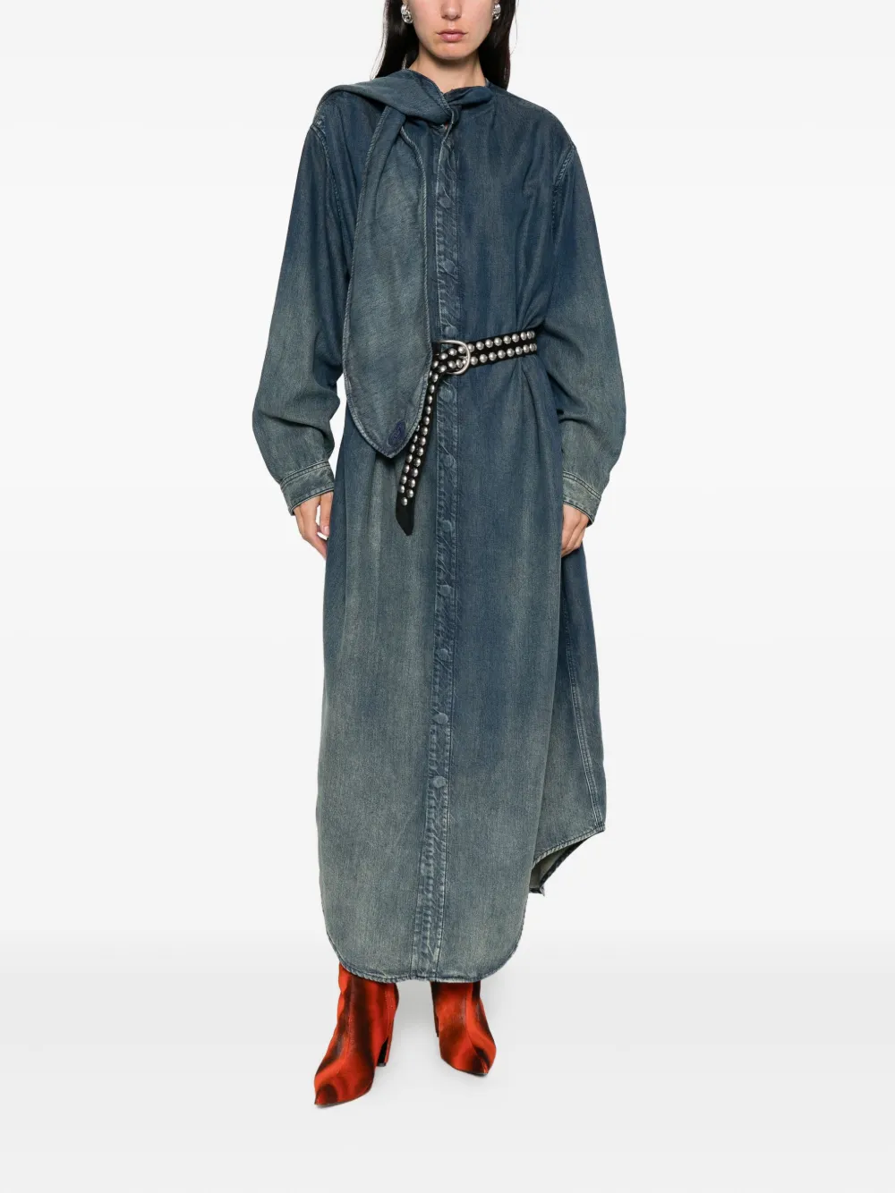 Diesel Tie-neck Denim Maxi Dress In Green
