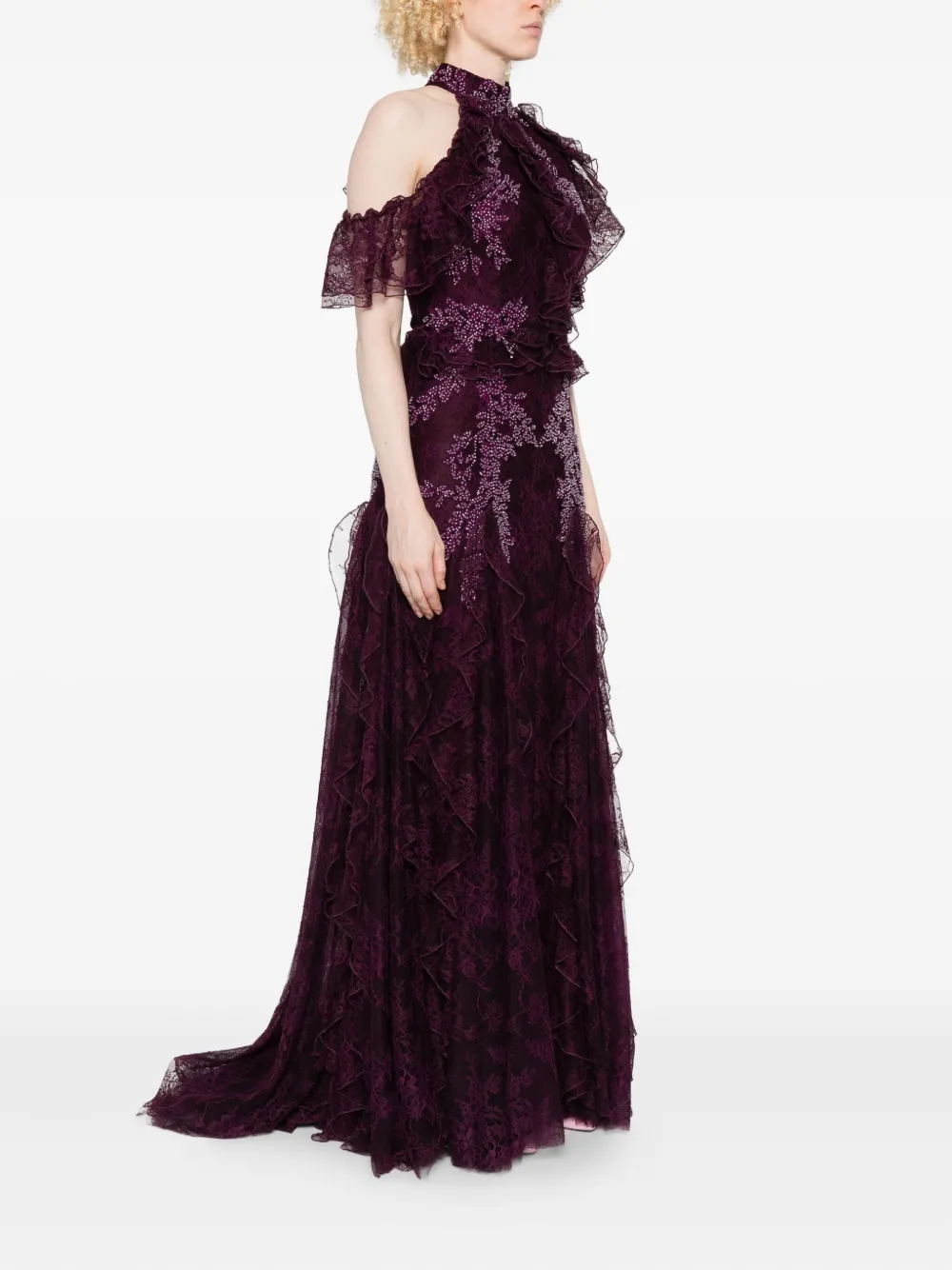 Costarellos Embellished Ruffled Maxi Dress In Purple