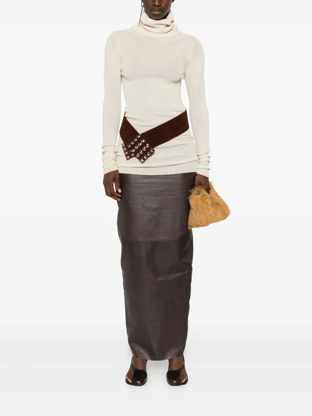 Rick Owens panelled leather midi skirt - Bruin