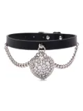 Alessandra Rich heart-pendant leather necklace - Black