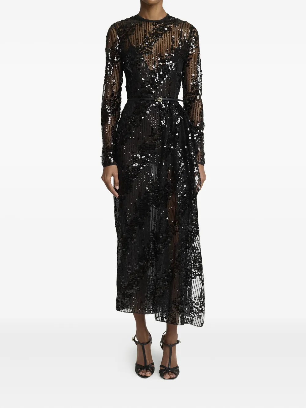 Elie Saab Sequined Long-sleeve Midi Dress In Black