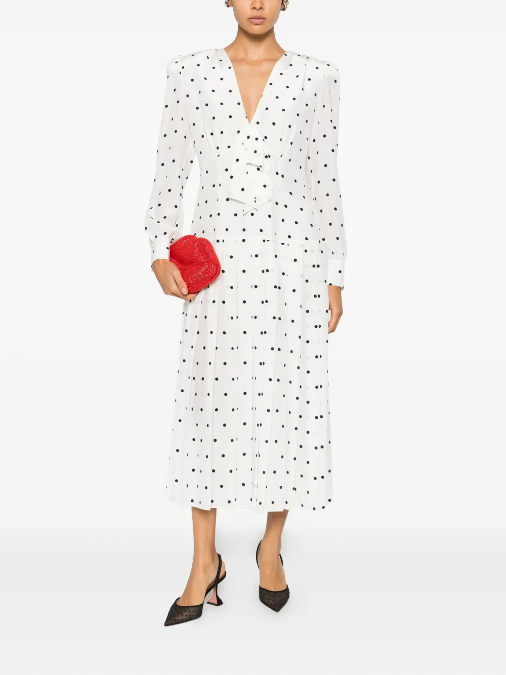 Alessandra Rich Polka Dot Pleated Midi Dress In White