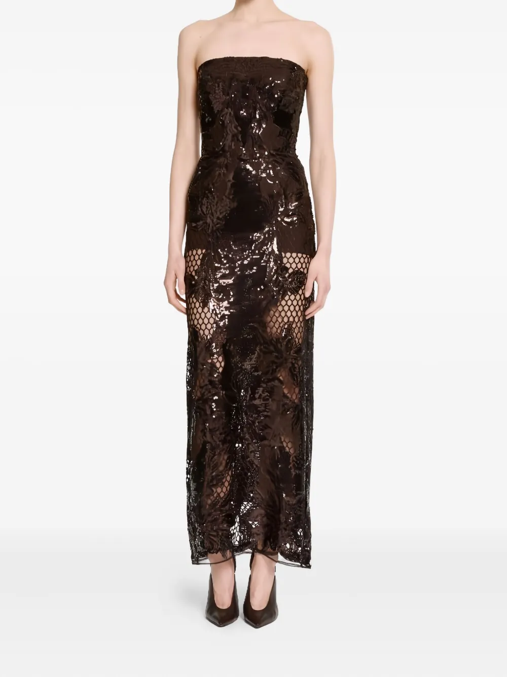 Elie Saab Sequin Midi Dress In Brown