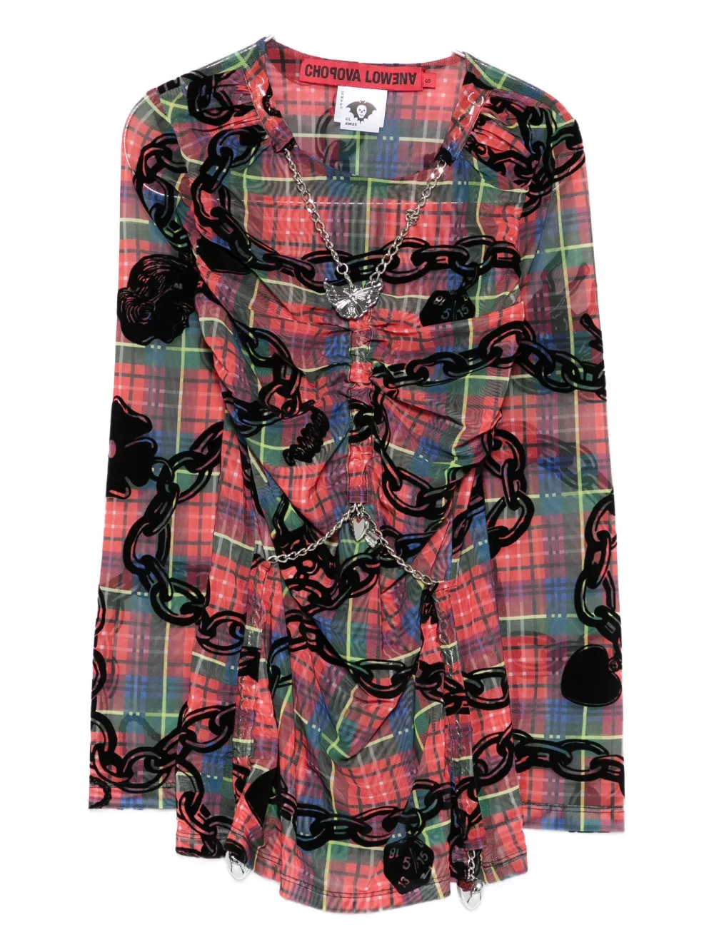 Chopova Lowena Chain-print Plaid Blouse In Pink