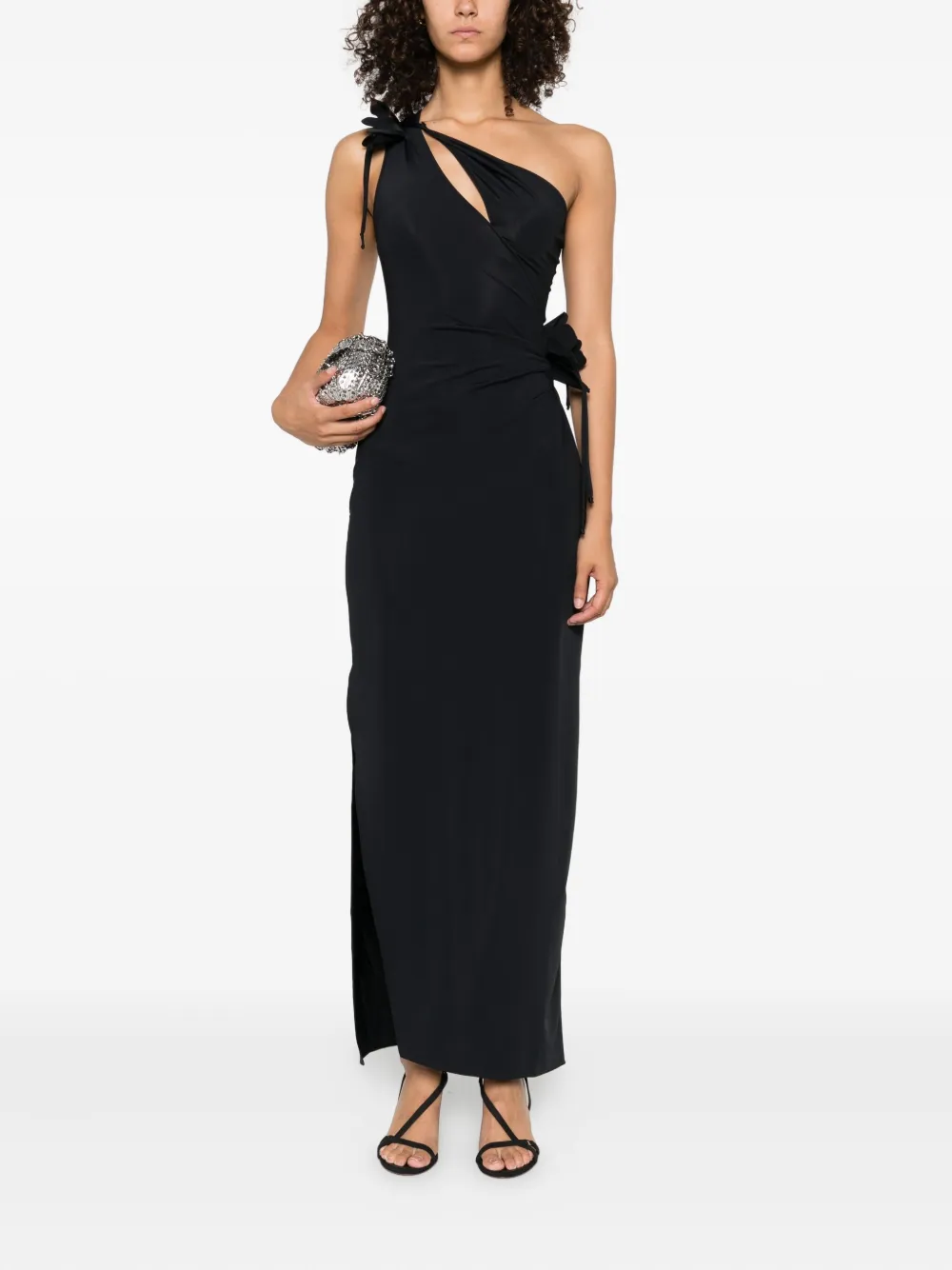 Coperni one-shoulder flower-embellished maxi dress Zwart