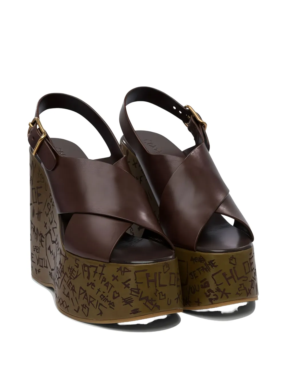 Chloé Graphic Print Wedge Sandals Platform Sole In Brown