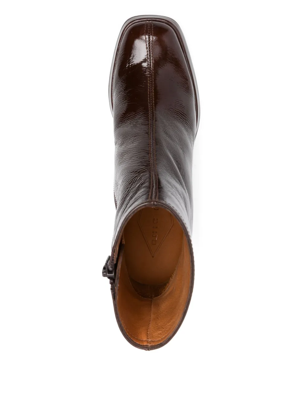 Chie Mihara 75mm patent leather block-heel boots Brown