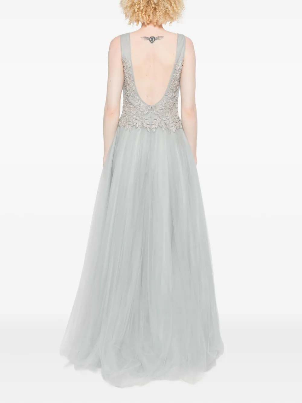 Costarellos Embellished V-neck Tulle Maxi Dress In Blue