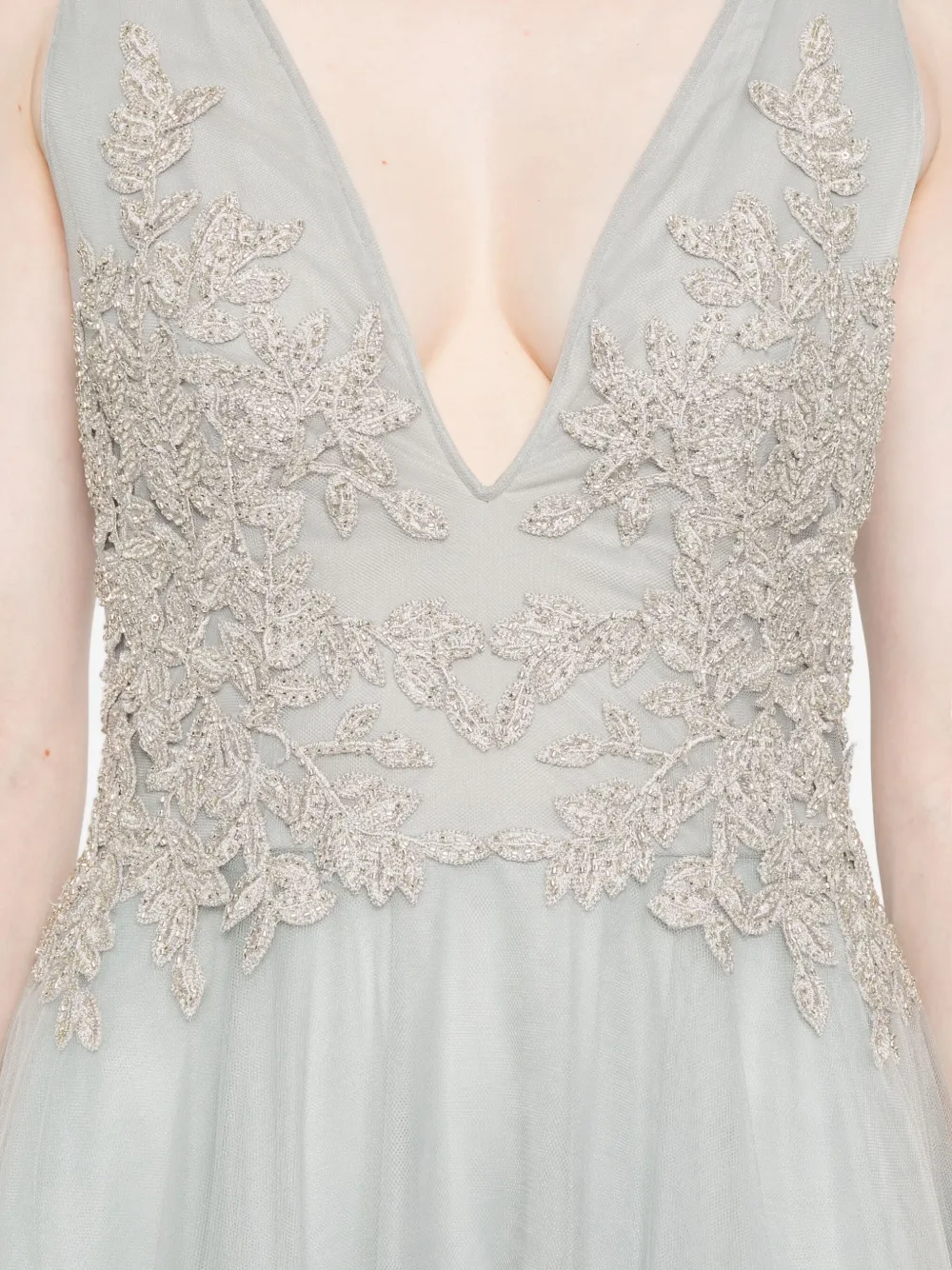 Costarellos Embellished V-neck Tulle Maxi Dress In Blue