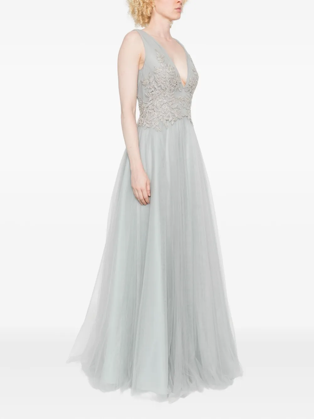 Costarellos Embellished V-neck Tulle Maxi Dress In Blue